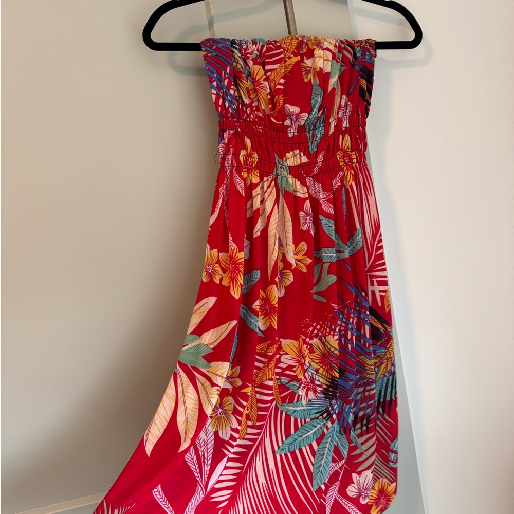 Strapless Floral Red Dress